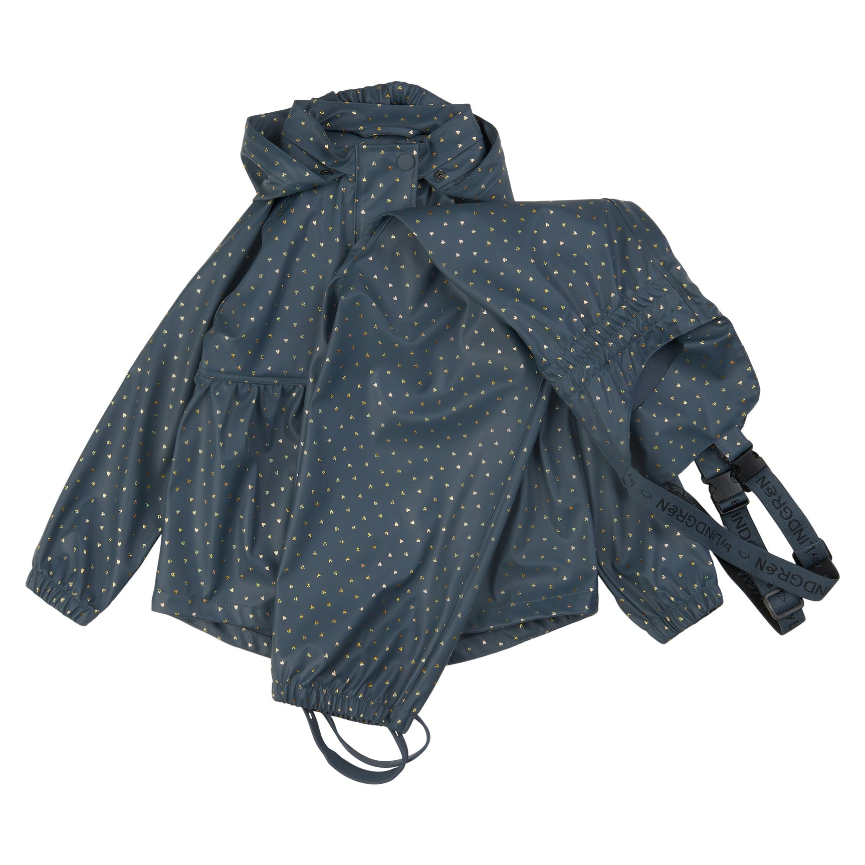 Gunhild PU Regnsæt m. selebusker - Blue Ash Glittery Heart AOP